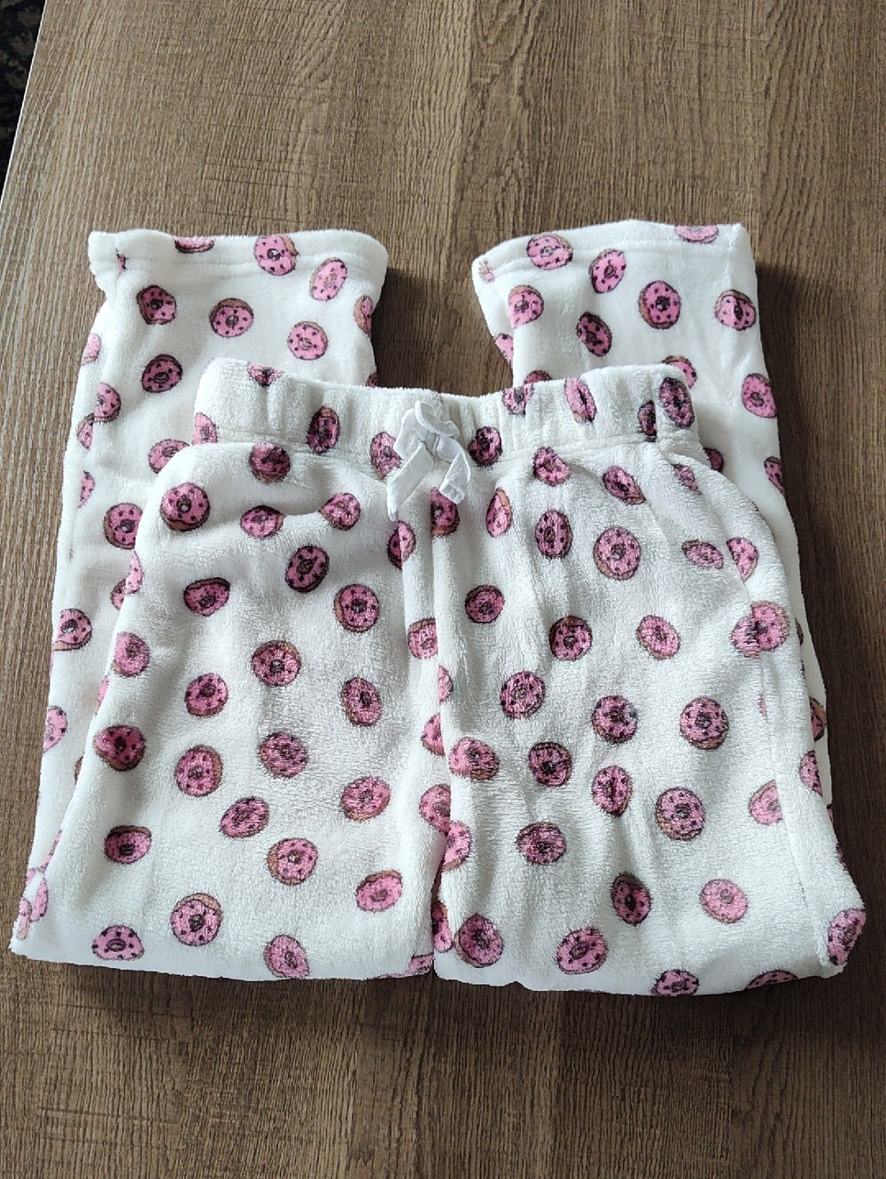 Kids Cozy White & Pink Donut Fleece Pajama Pants, Sz M